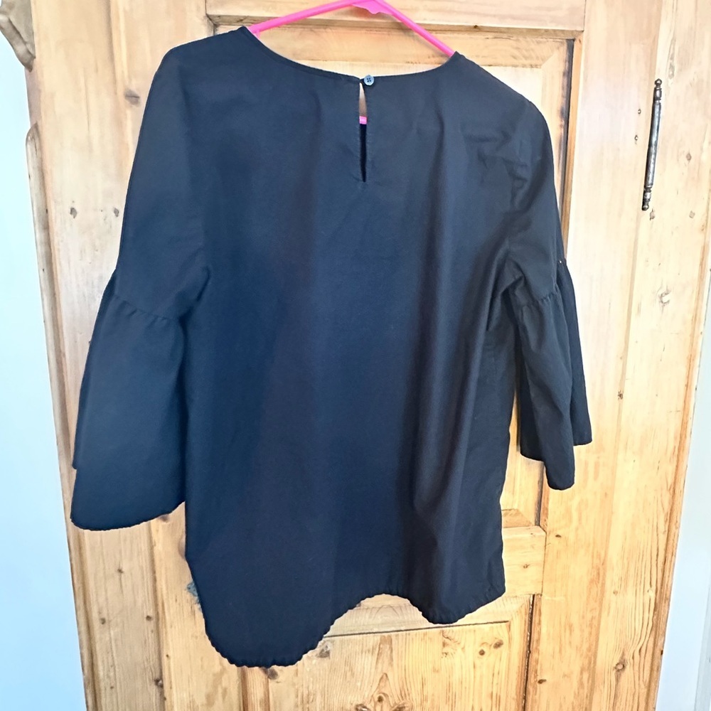 LOFT Black Blouse with Colorful Floral Embroidery & Bell Sleeves Sz Medium - Picture 2 of 11